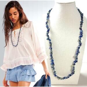 Free People Bohemian Single Strand Crystal Chip Beaded Necklace Lapis Blue